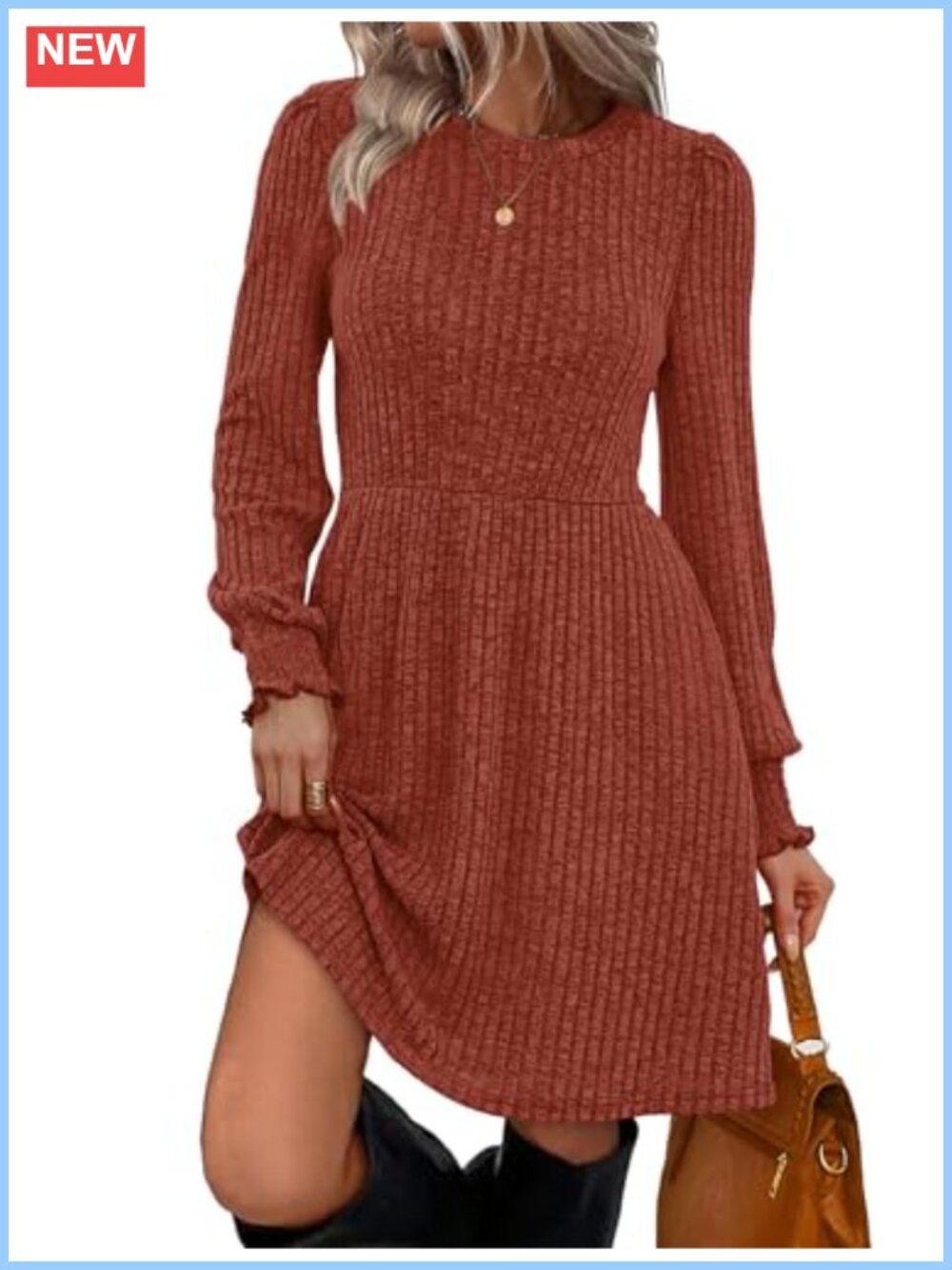 Women's Long Sleeve Sweater Dress Casual Fall Round Neck Ruffle Cuffs